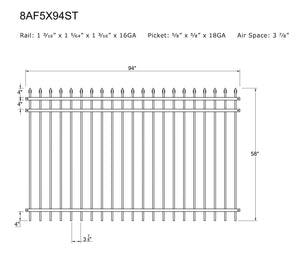 Ornamental Steel Spear Top 8' Wide x 5' Tall 3-Rail Panel with 3-7/8" Air Space