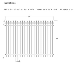 Ornamental Steel Spear Top 8' Wide x 6' Tall 3-Rail Fence Panel with 3-7/8" Air Space