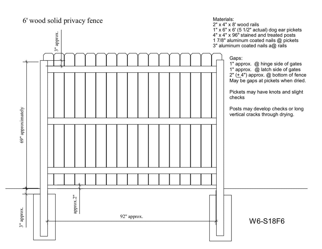 6' Wood Solid Privacy Fence Drawing